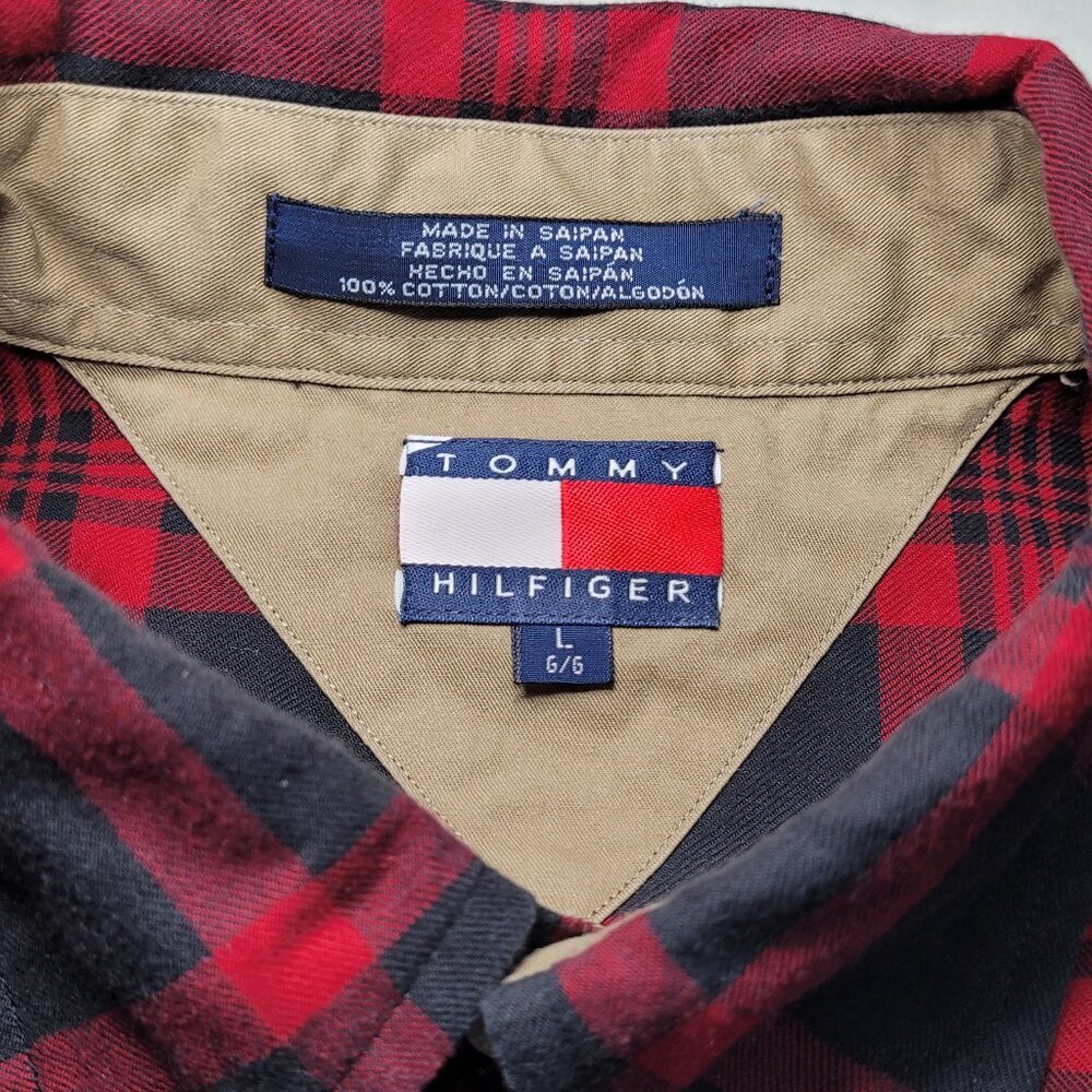 Tommy Hilfiger Plaid Shirt Embroidered Lion Crest Red Black Large Preppy Vintage - Picture 4 of 11